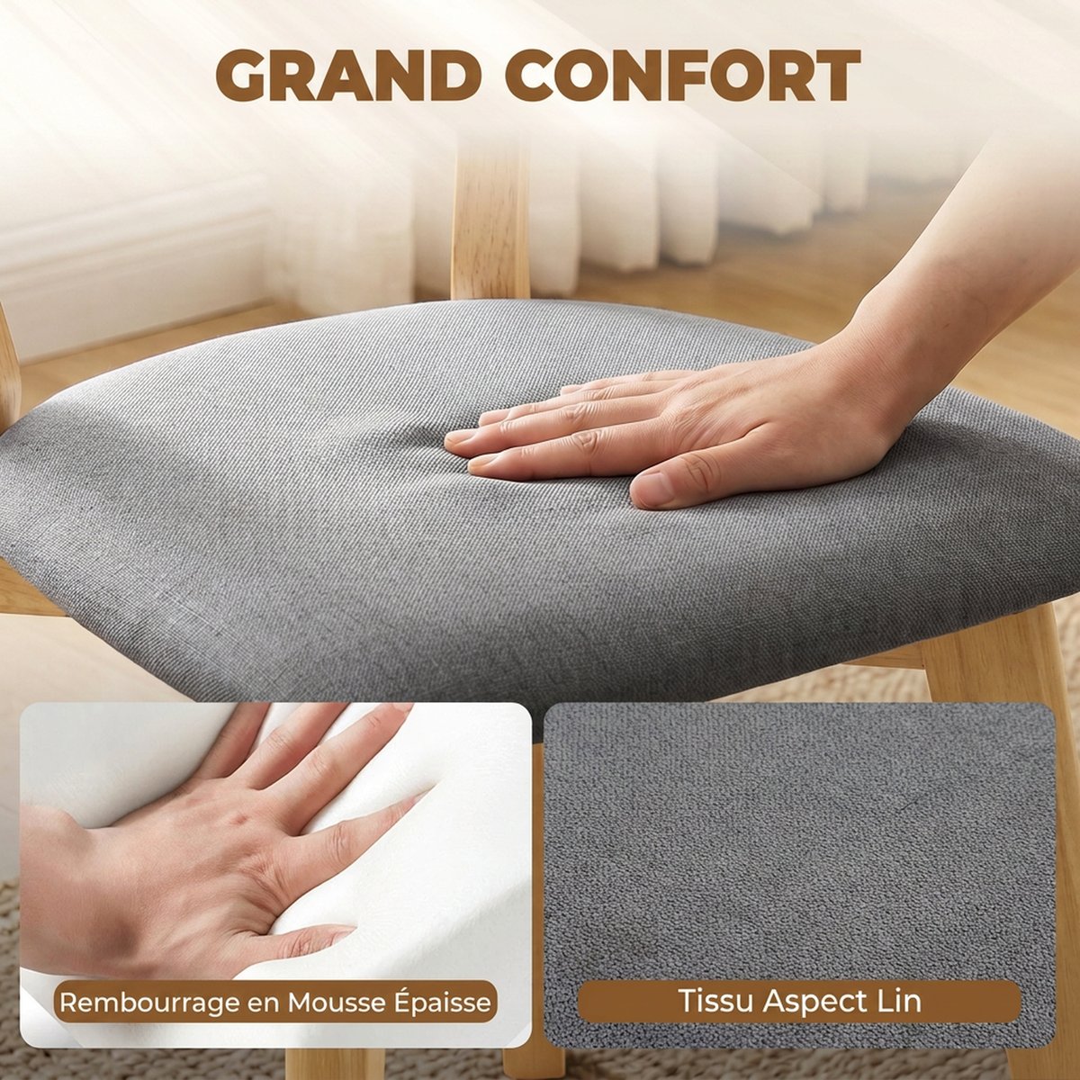 Chaise de salle à manger Tissu effet lin (100 gris et bois naturel, HOMCOM