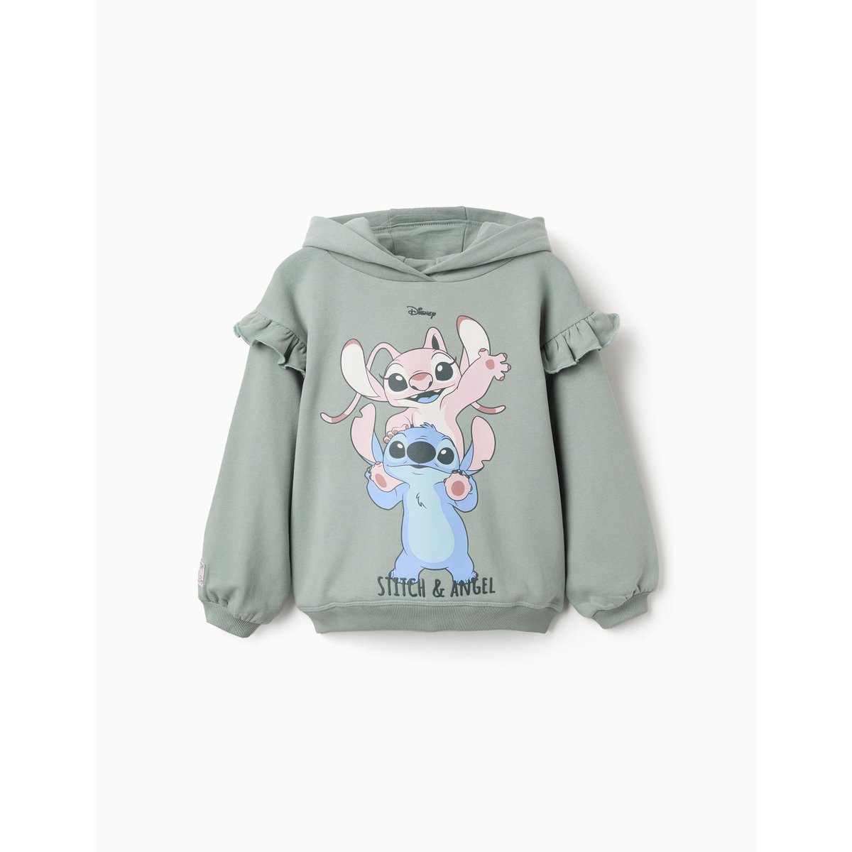 Sweat en coton peigné à capuche et imprimé Stitch & Angel vert, ZIPPY