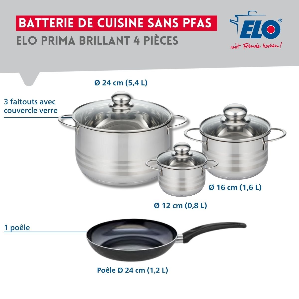 Batterie 1 poêle 24cm + 3 faitouts 12/16/24cm PRIMA BRILLANT noir, ELO