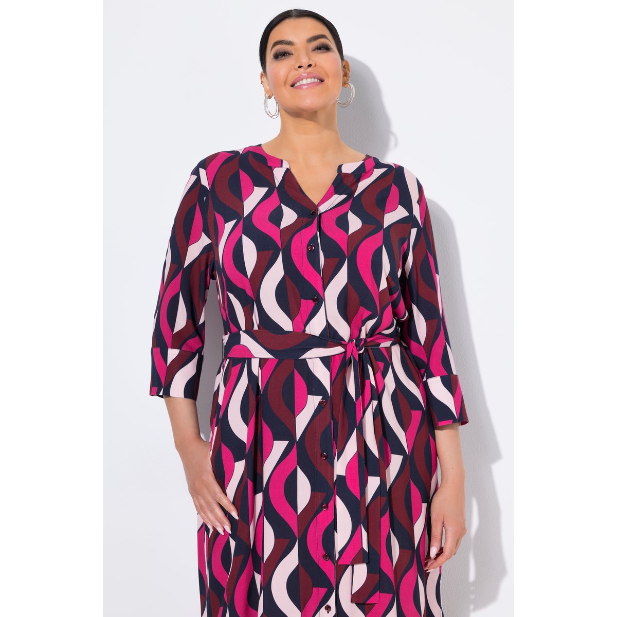 Robe maxi, col tunisien et manches 3/4 rose vif, ULLA POPKEN