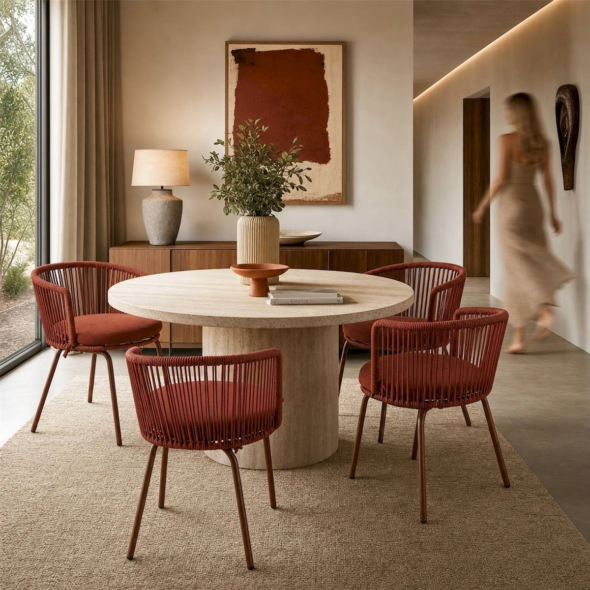 Chaise dossier enveloppant en corde et acier rouge, RECOLLECTION