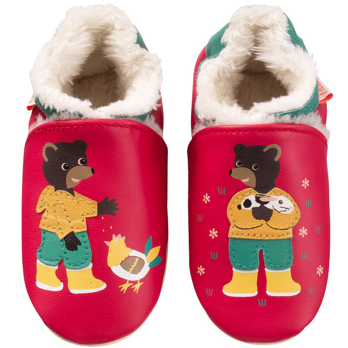 Chaussons cuir souple Petit Ours Brun rouge, TICHOUPS
