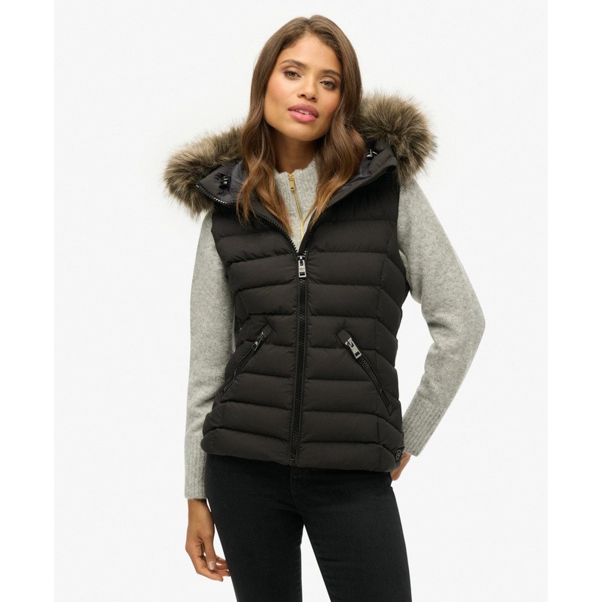 Veste sans manche en imitation fourrure à capuche Fuji noir, SUPERDRY