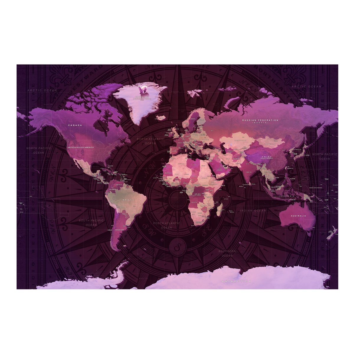 Papier peint intissé panoramique Carte du monde Purple World Map rose, EDEN