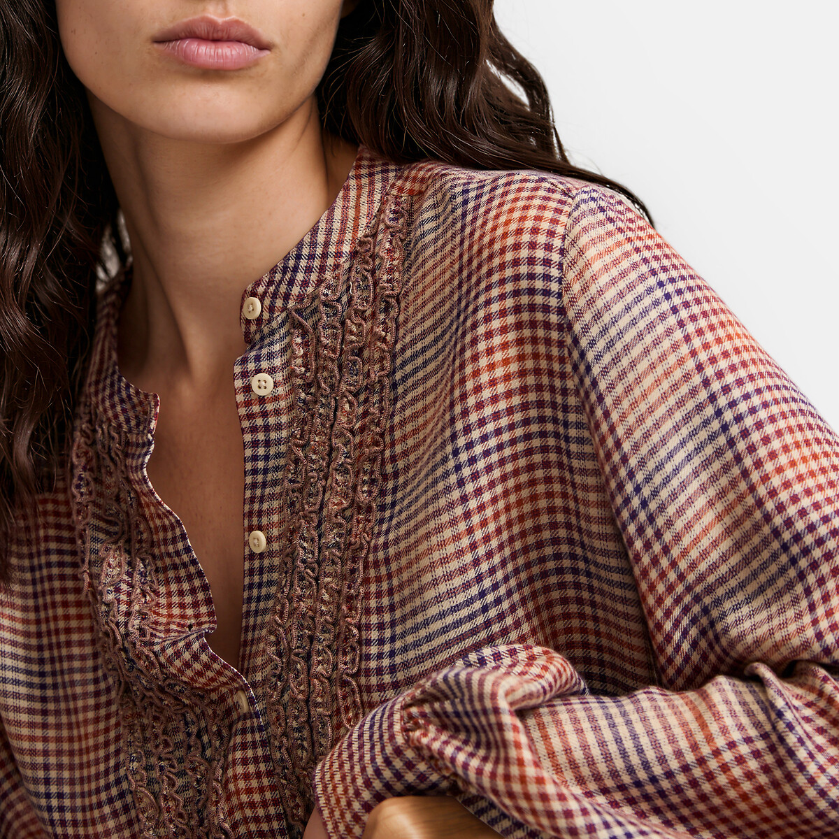 Chemise col rond, à carreaux et volants, manches longues carreaux, LA REDOUTE COLLECTIONS