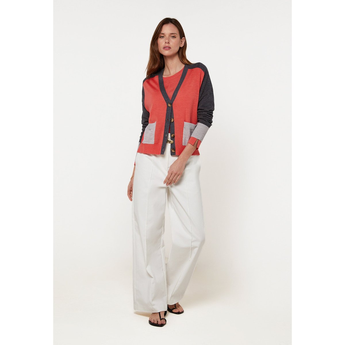 Gilet tricolore en laine mérinos orange corail, RODIER