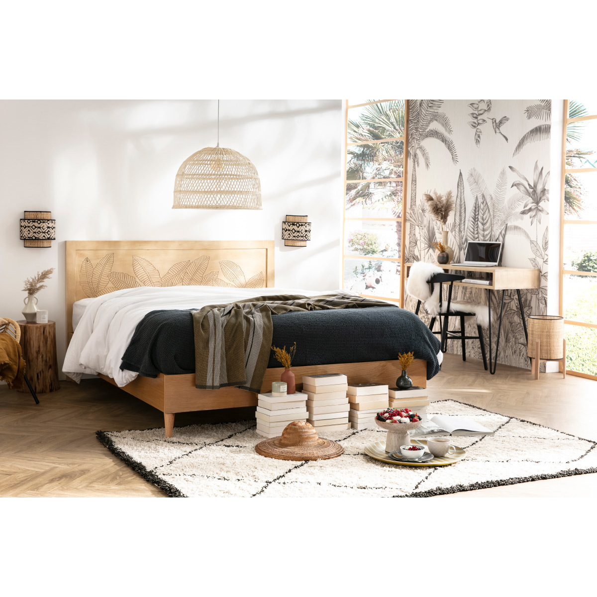 Bureau avec rangement en bois manguier massif et métal noir L116 cm VIBES bois brut, MILIBOO