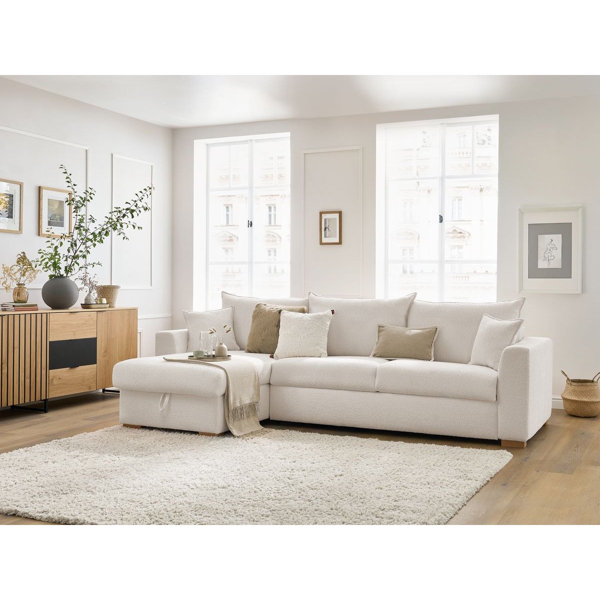 Canapé lit 3 places en tissu bouclette couchage 160x200 cm, AUGUSTIN blanc, BOBOCHIC