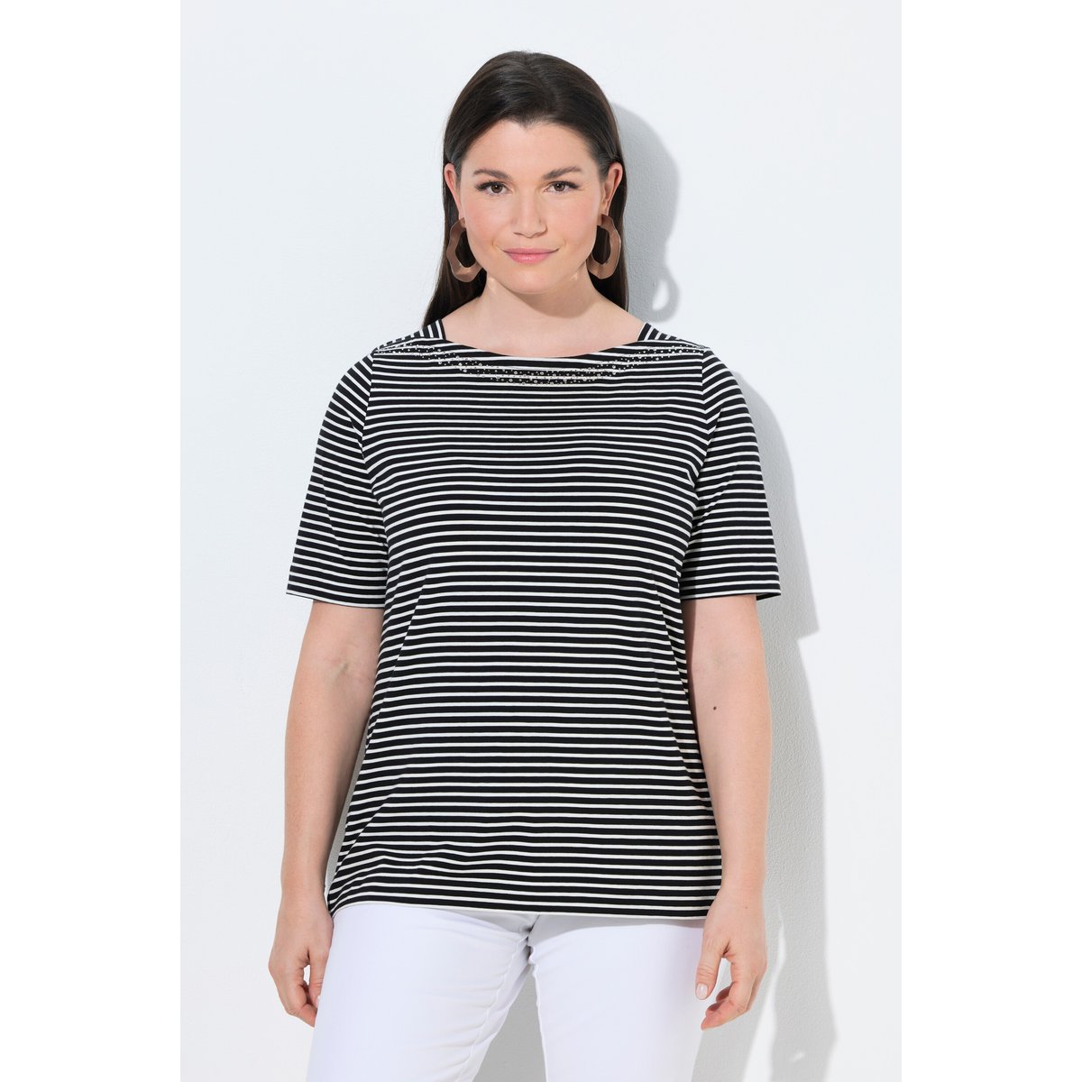 T-shirt rayé en coton Pima noir, ULLA POPKEN