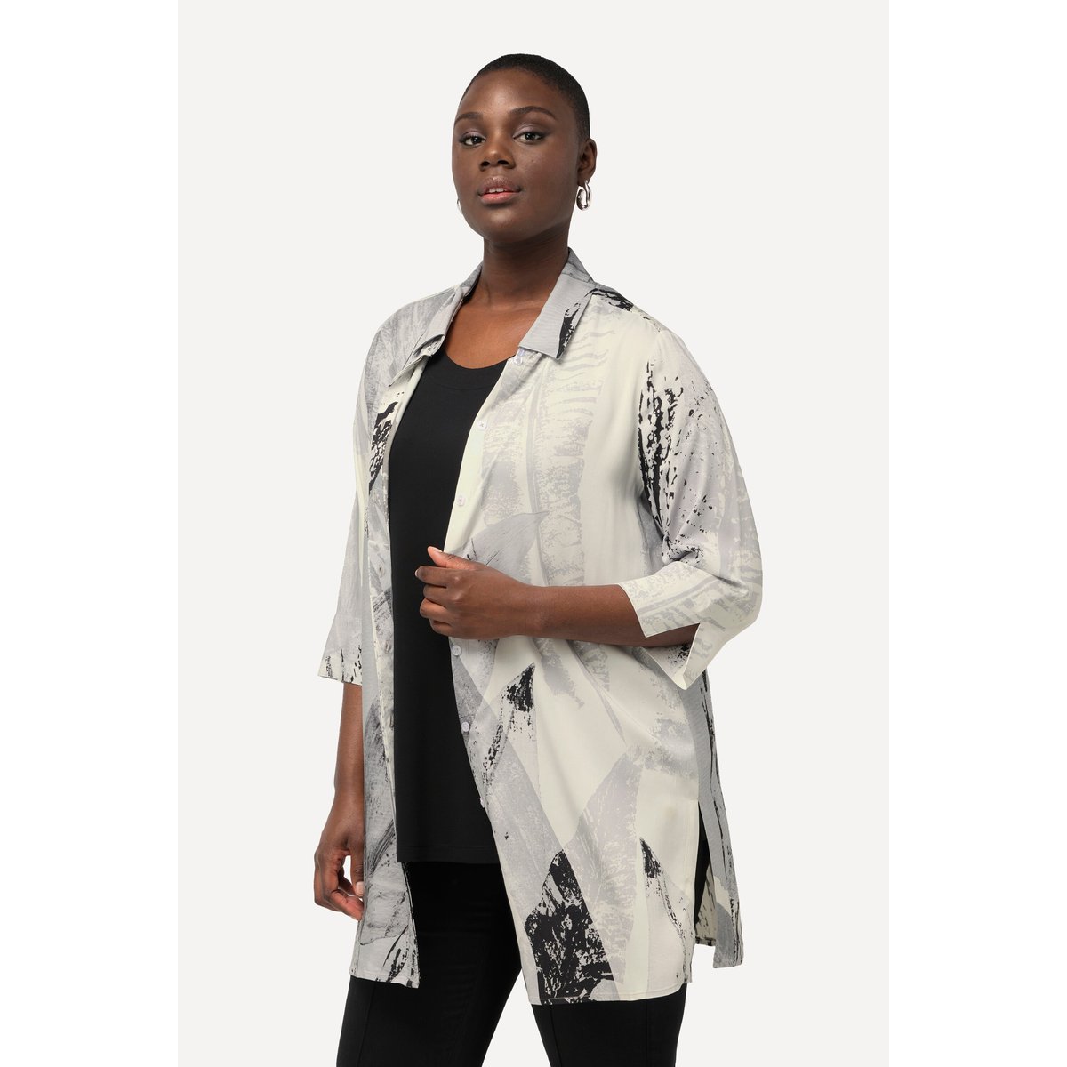 Blouse longue à motif plumes noir, ULLA POPKEN