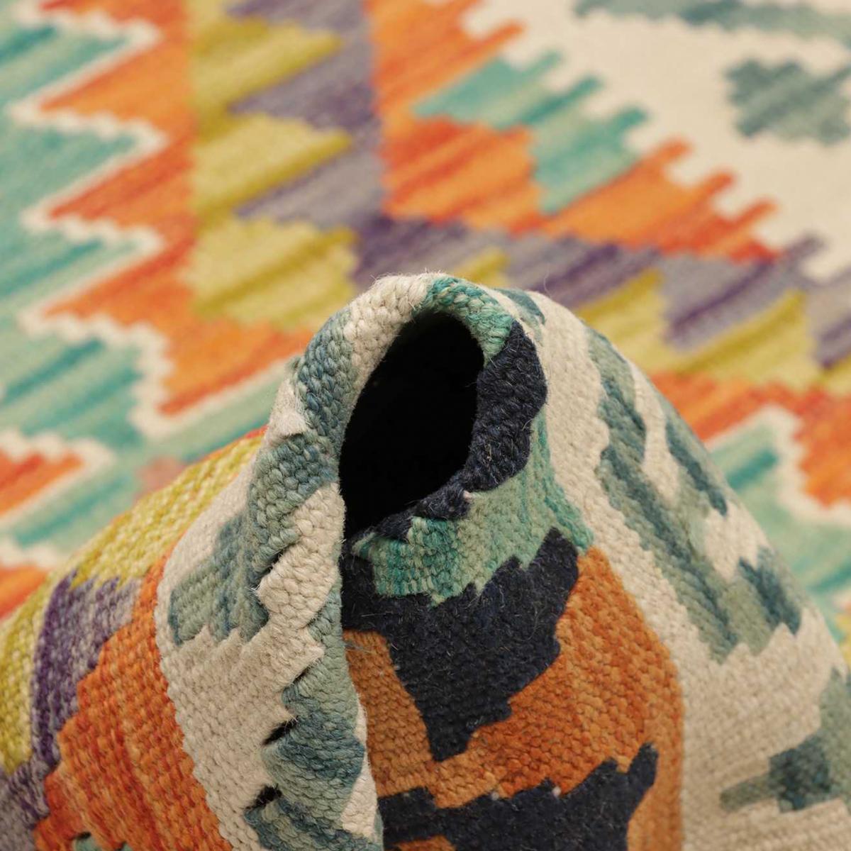 Tapis d'orient à motif géométrique, tissage plat authentique multicolore, bleu, orange, UN AMOUR DE TAPIS