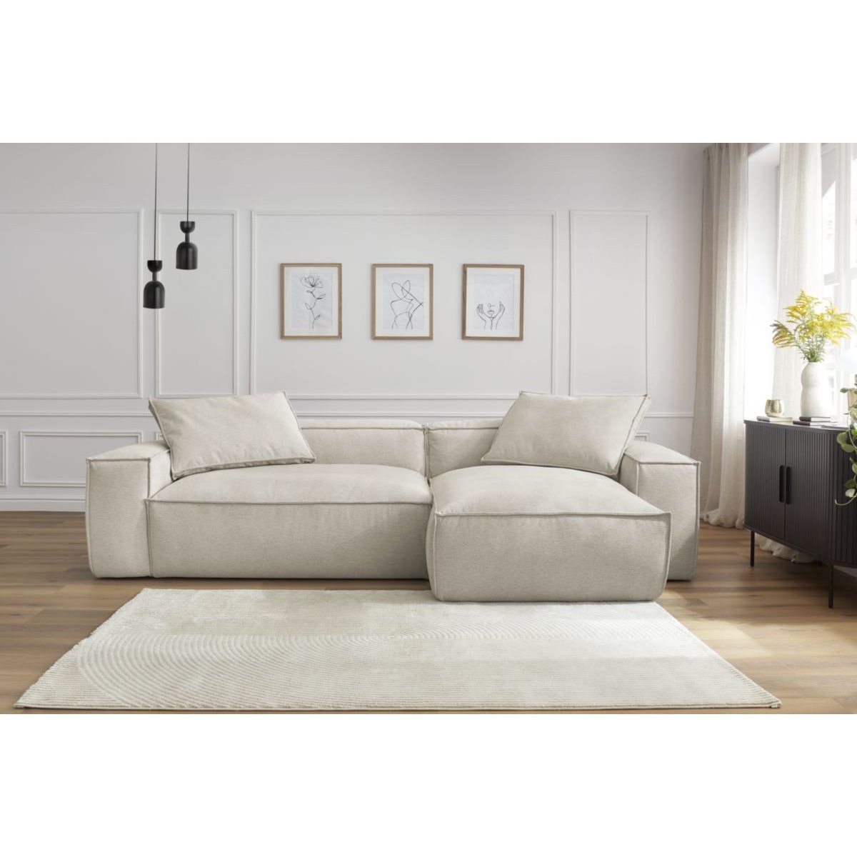 Canapé d'angle fixe 3 places en tissu chiné, BOHEME beige, BOBOCHIC