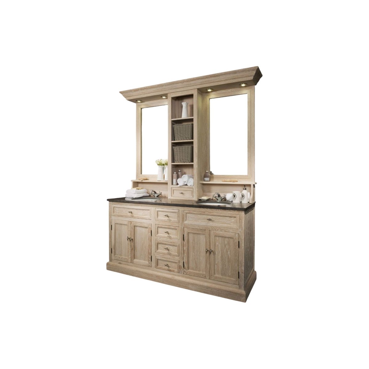 Meuble de salle de bain double vasque + 1 colonne D (ensemble) - VERONE bois clair, HELLIN, DEPUIS 1862
