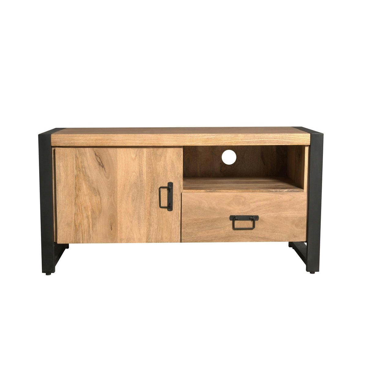 Petit meuble TV bois métal 1 porte 1 tiroir MILORA bois naturel, PIER IMPORT