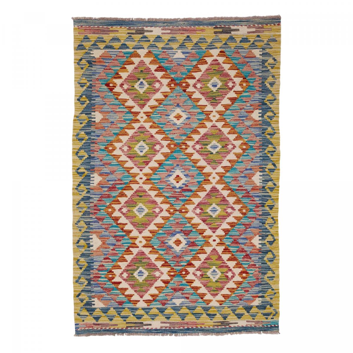 Tapis d'orient, motif géométrique authentique, tissé en laine, KILIM 6 multicolore, bleu, rouge, UN AMOUR DE TAPIS