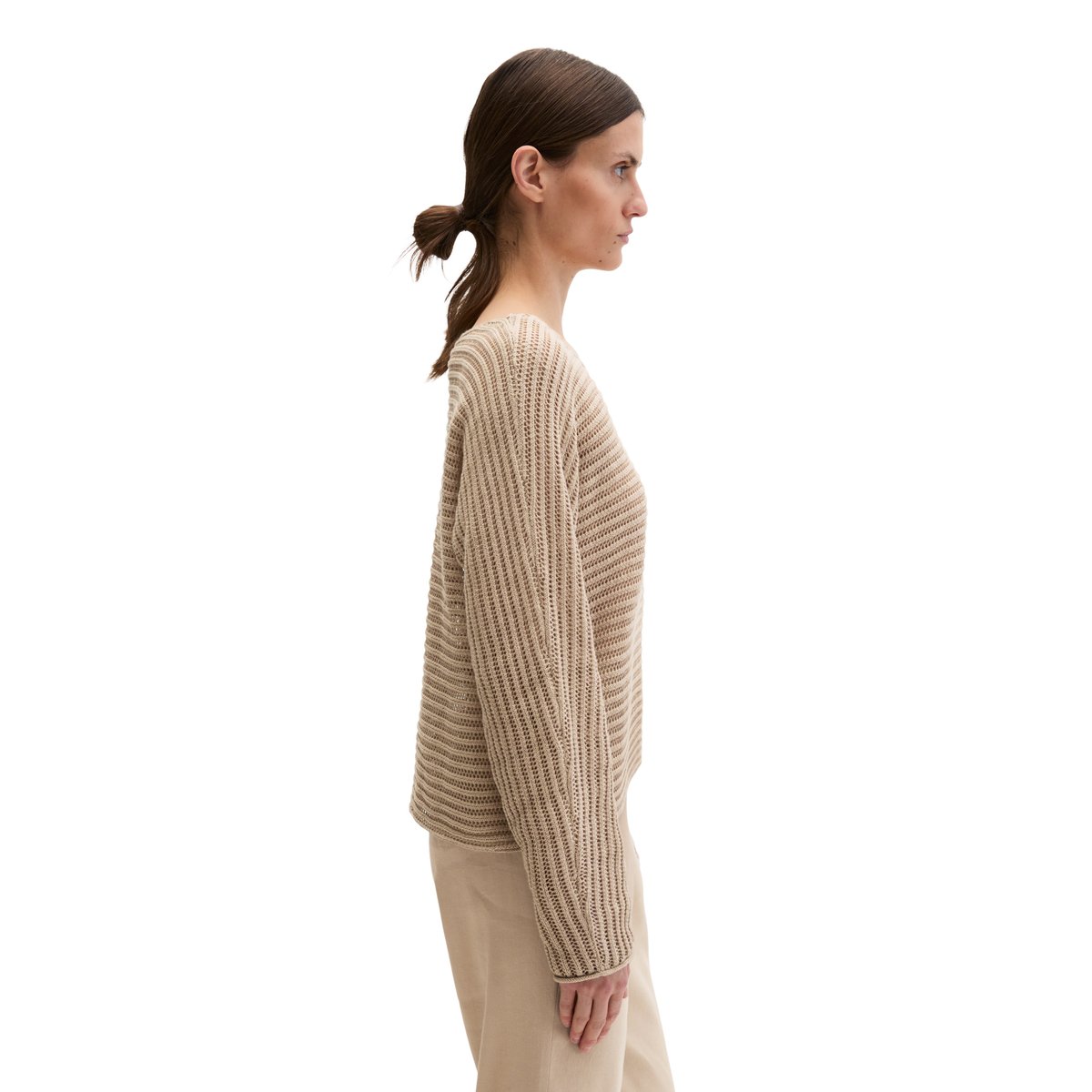 Pull ajouré relaxed en mélange de coton et de lin bio beige, MARC O'POLO