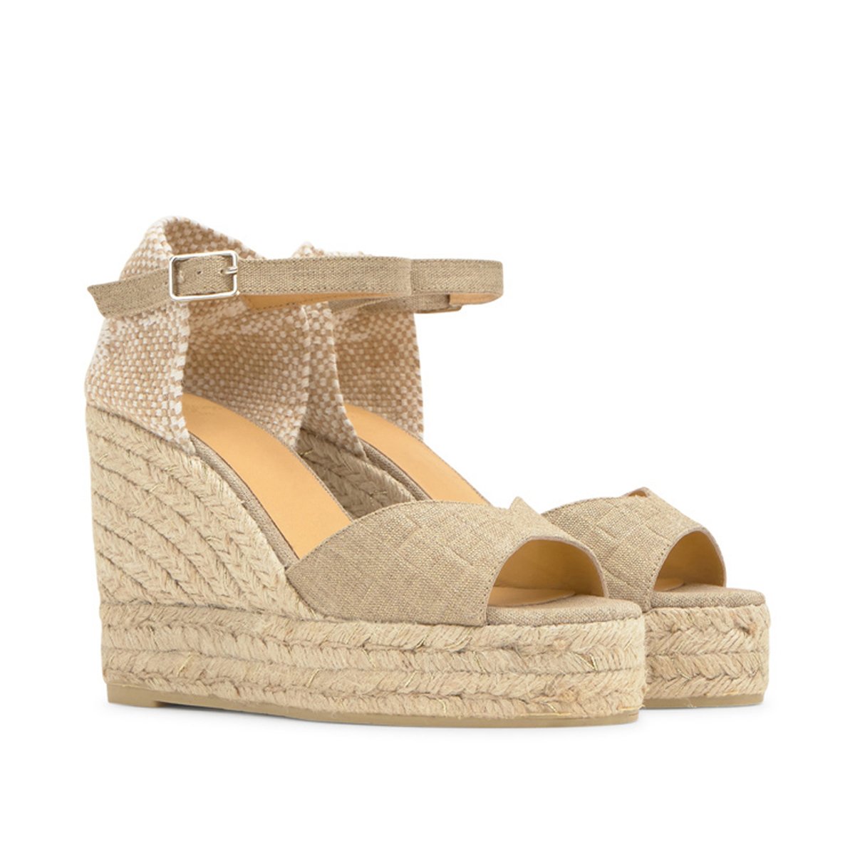Sandales compensées en lin métallisé et jute tressée à bride cheville BLAUDI PLATFORM taupe, CASTANER