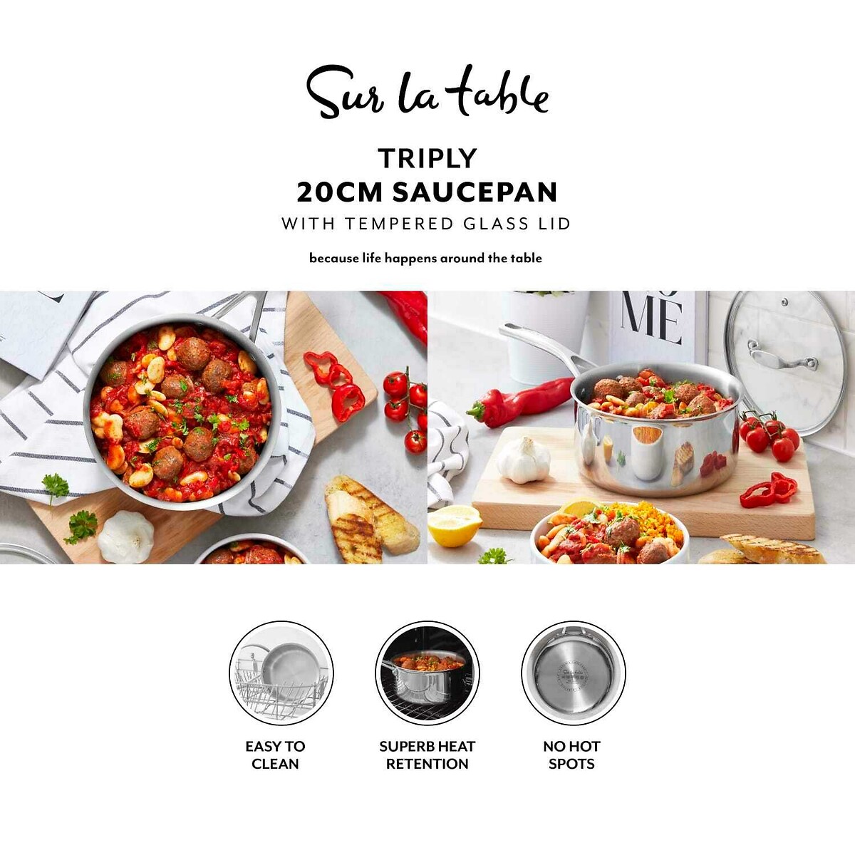20cm SLT Core Tri-ply Saucepan with Lid silver-coloured, SUR LA TABLE