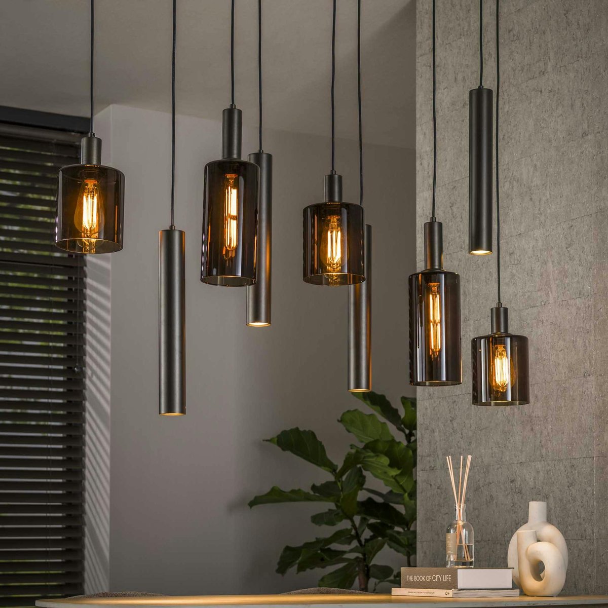 Suspension îlot cuisine verre brun et métal 9 lampes NOVA marron, PIER IMPORT