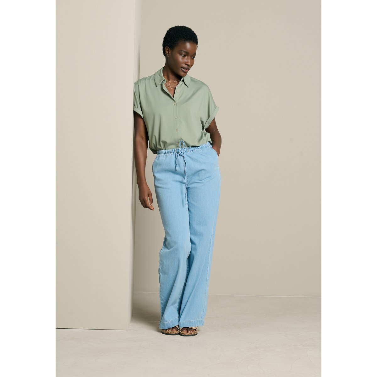 Pantalon large denim léger blue bleached, LOLALIZA