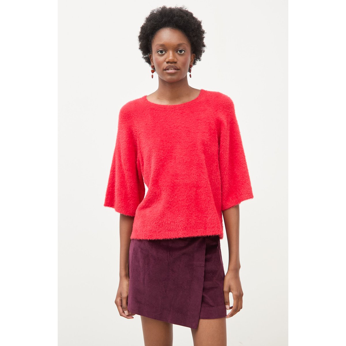 Pull droit manches 3/4 col rond rouge, BONOBO