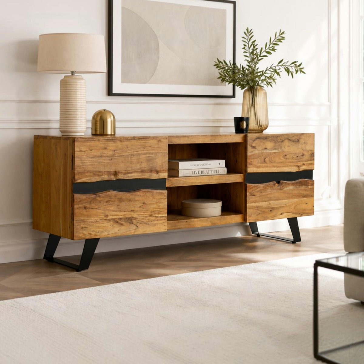 Meuble TV en bois d'acacia 2 portes CANYON bois naturel, PIER IMPORT