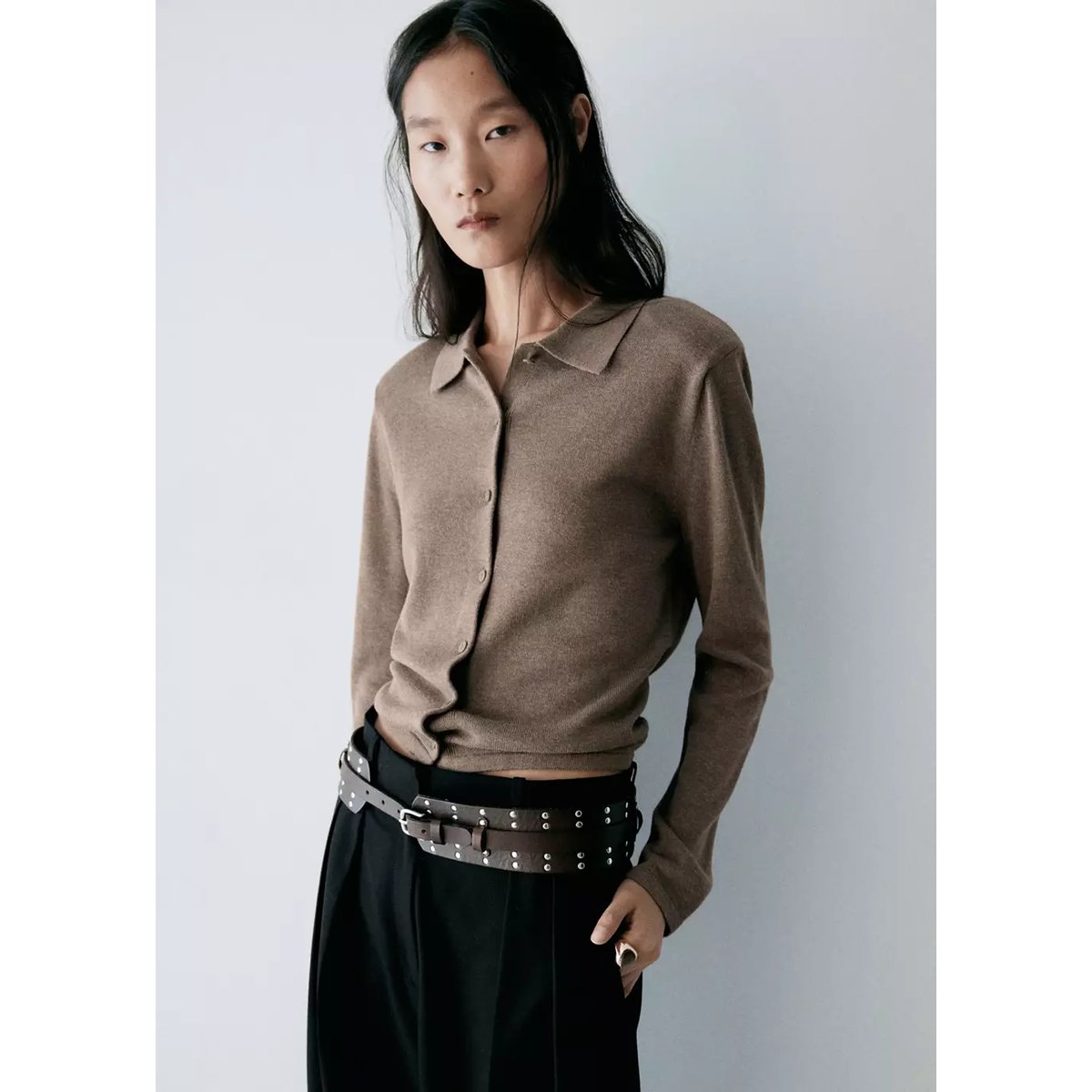 Cardigan maille fine col polo marron moyen, MANGO