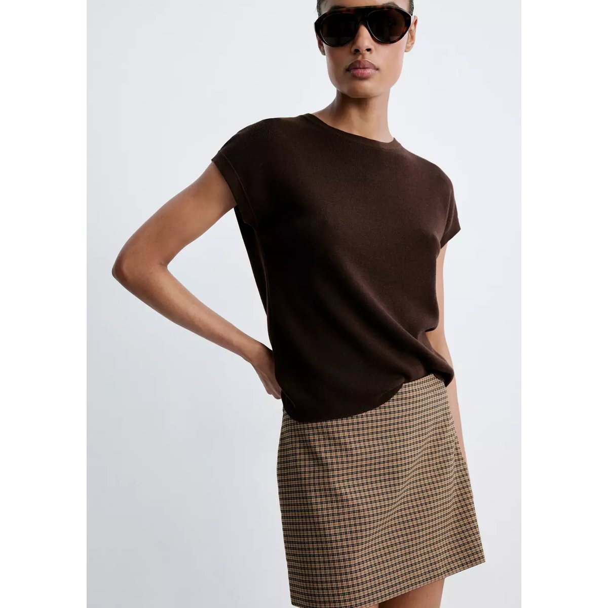 Jupe courte carreaux marron, MANGO
