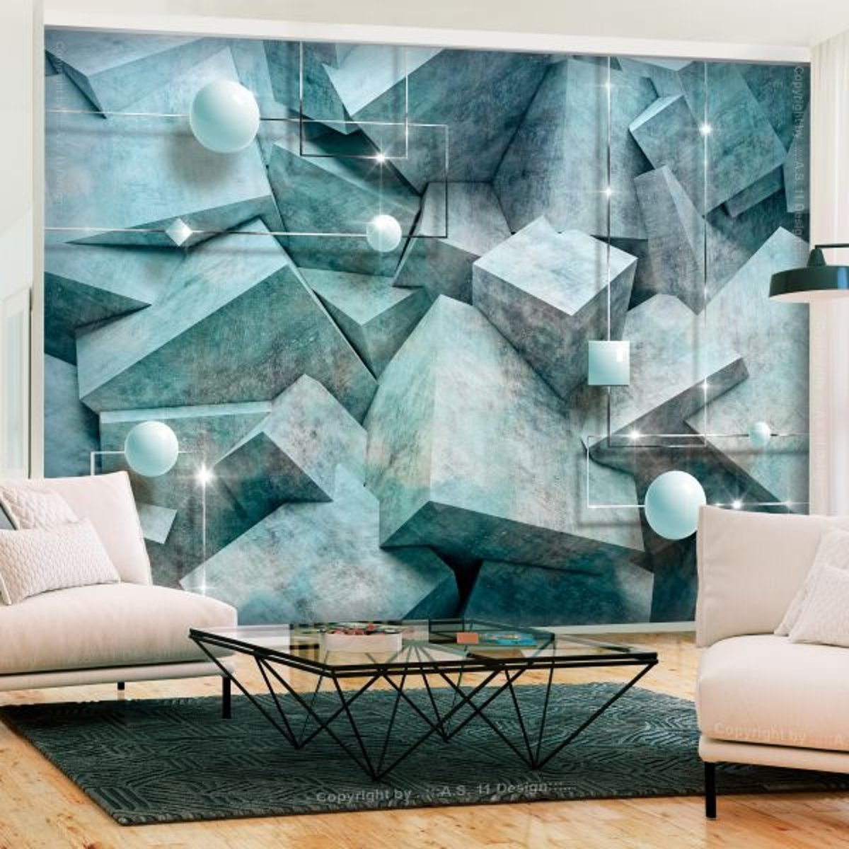 Papier peint intissé panoramique 3D et Perspective Concrete Cubes (Green) gris / argent, EDEN