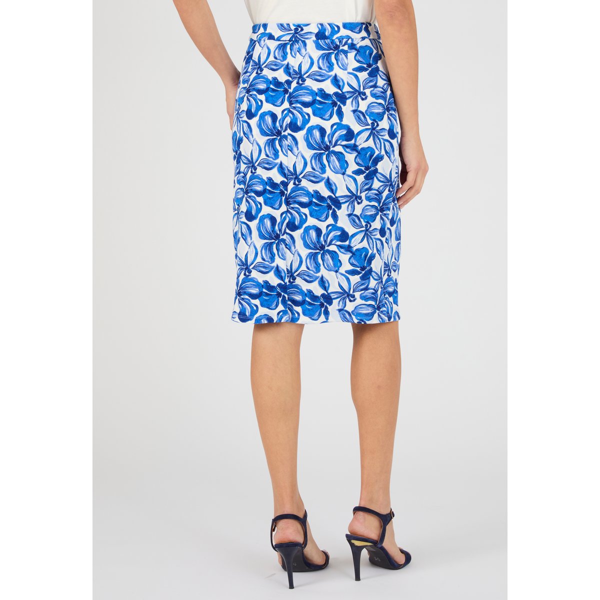 Jupe droite enfilable maille gaufrée bleu grandes fleurs, DAMART