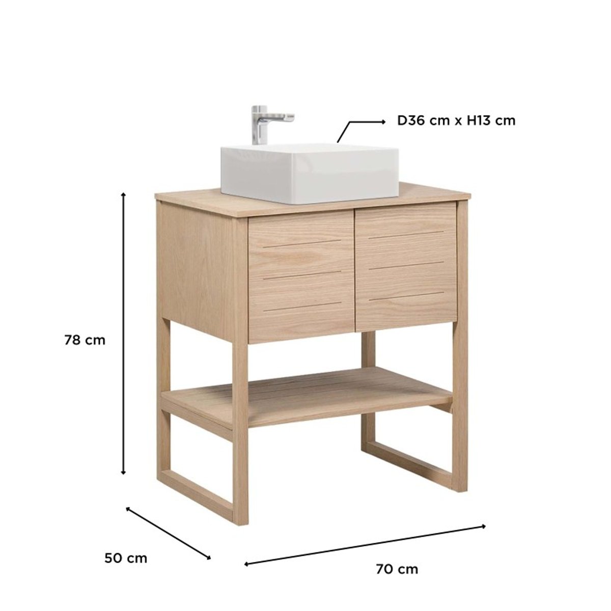 Meuble 70cm chêne vasque carrée blanche robinet chromé ATOLL couleur unique, MOB IN