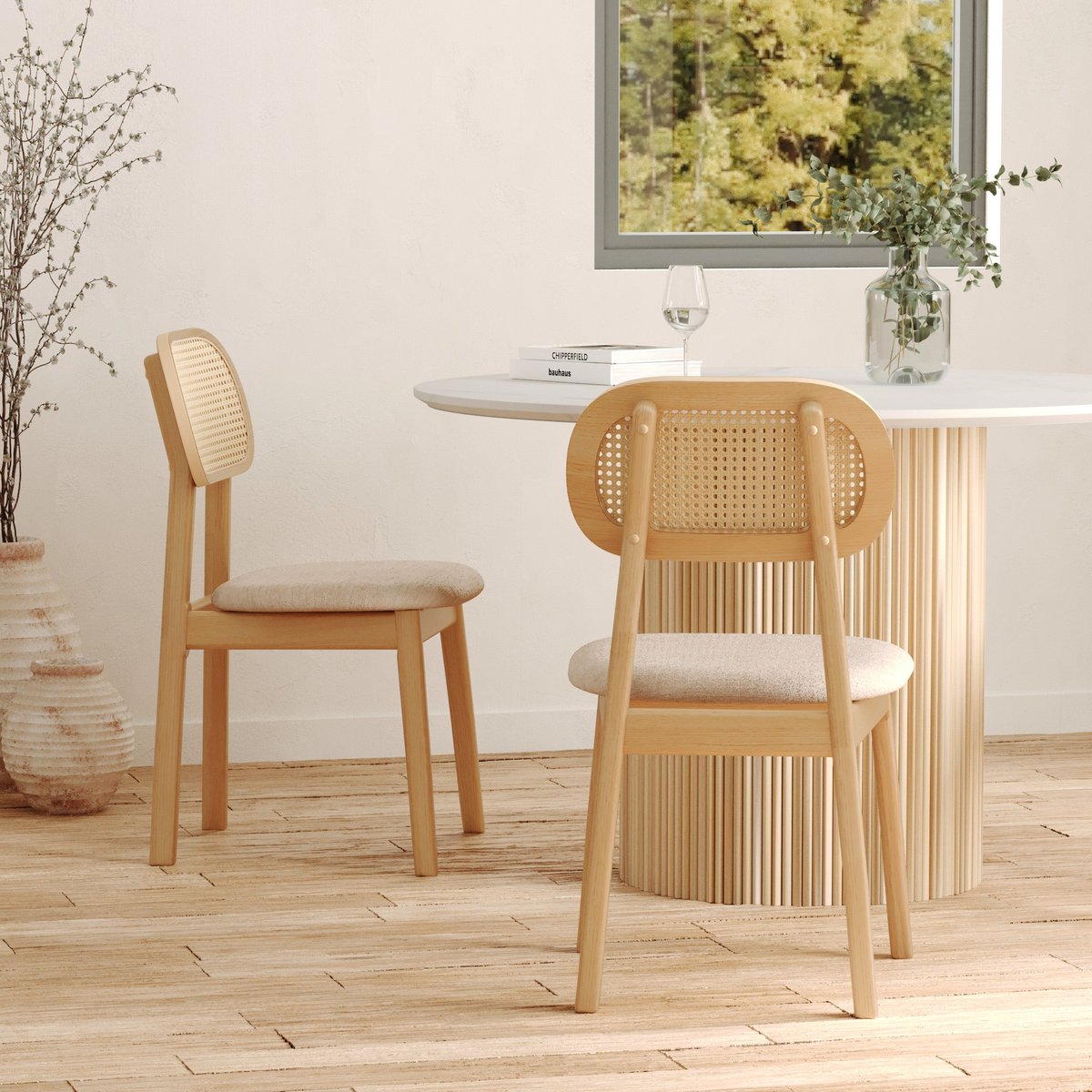 Lot de 2 chaises en bois, tissu et rotin synthétique - MARIA bois clair et beige, MAISON PAVANE