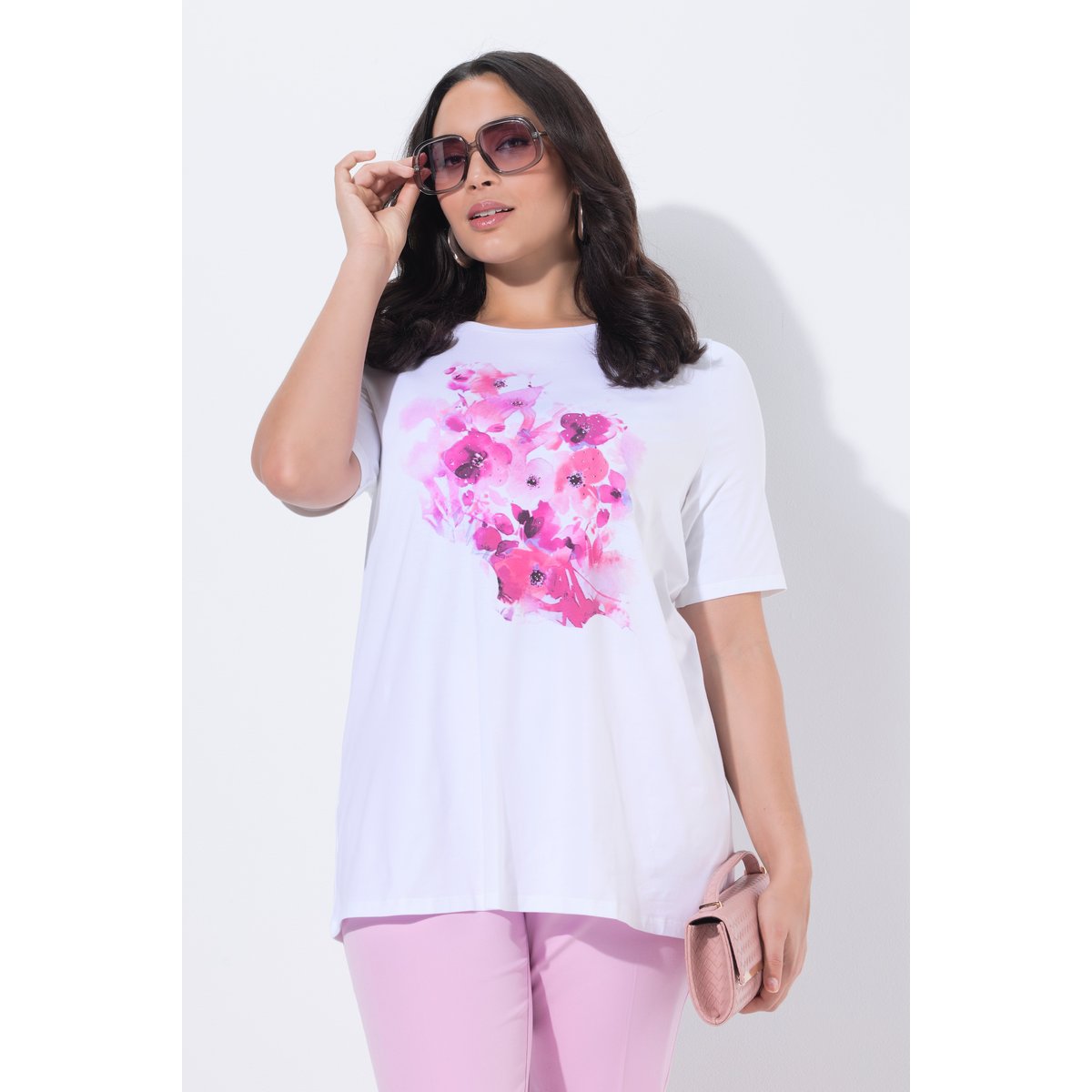 T-shirt en coton Pima, motif à fleurs blanc neige, ULLA POPKEN