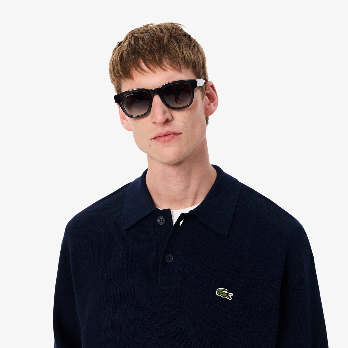 Pull polo relaxed fit en laine bleu-166, LACOSTE