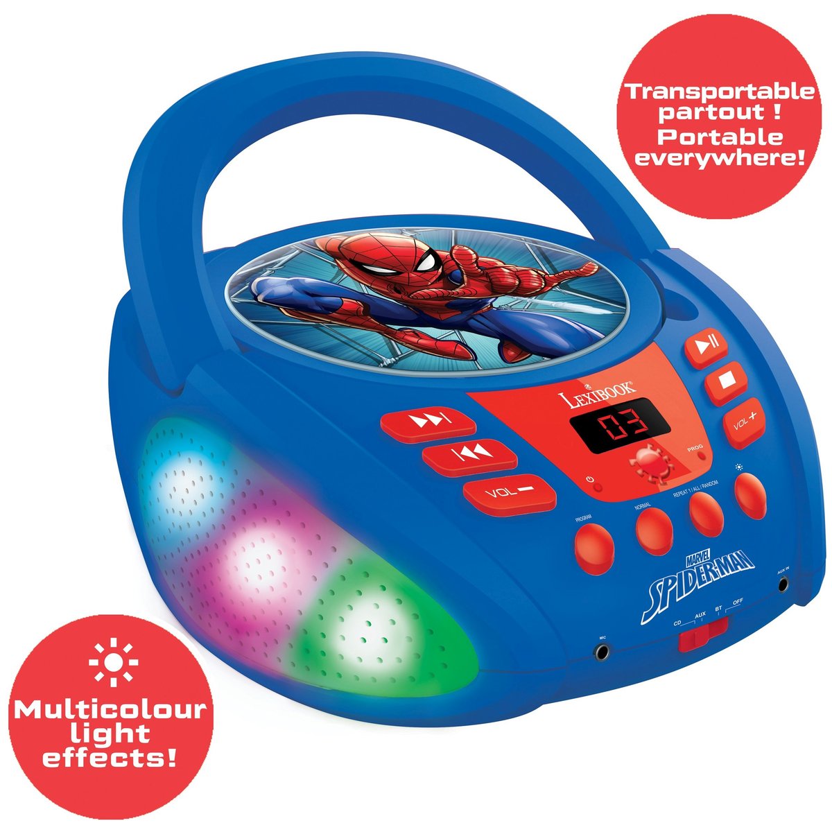 Lecteur CD Bluetooth Spider-Man bleu, LEXIBOOK