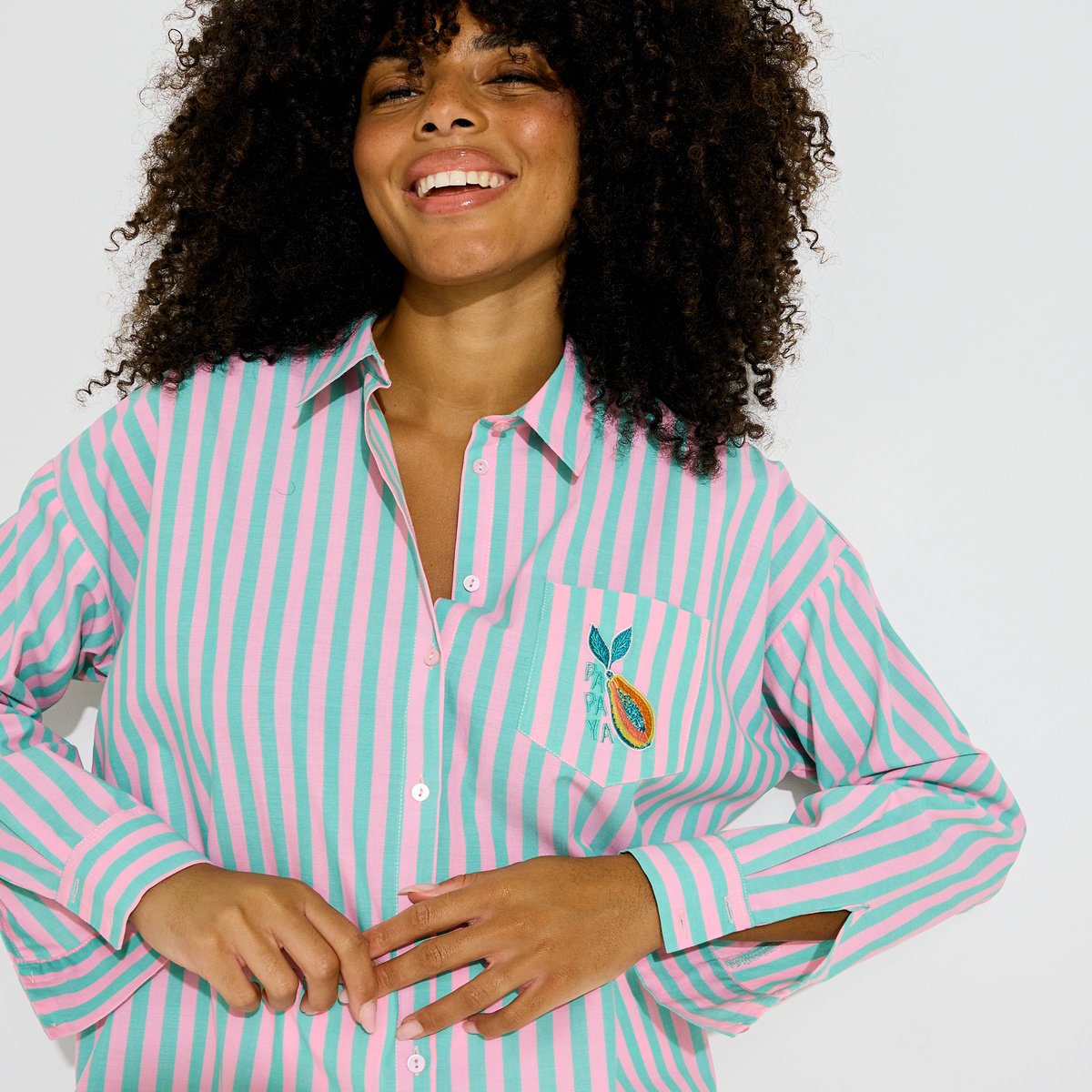 Chemise rayée broderie papaye rose, GRAIN DE MALICE