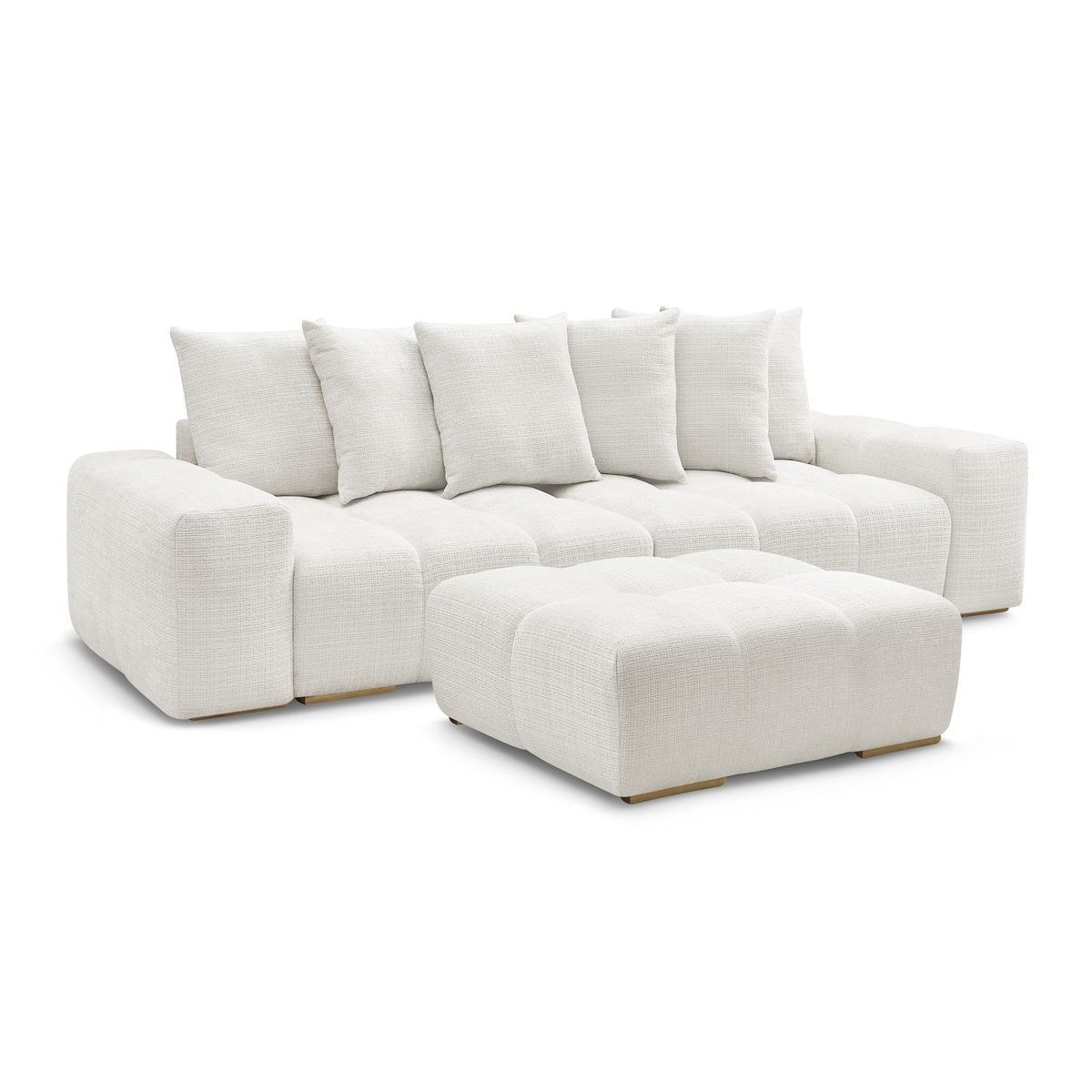 Canapé droit convertible 3 places en tissu texturé avec pouf, ANAKIN blanc, BOBOCHIC