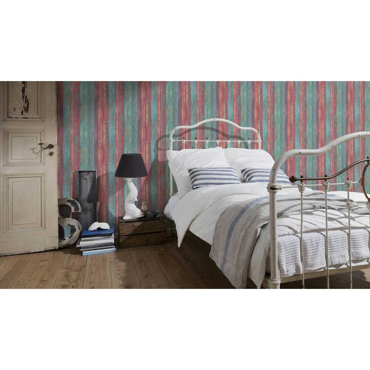 Papier peint imprimé planches vieillies et colorées vert, HOME MAISON