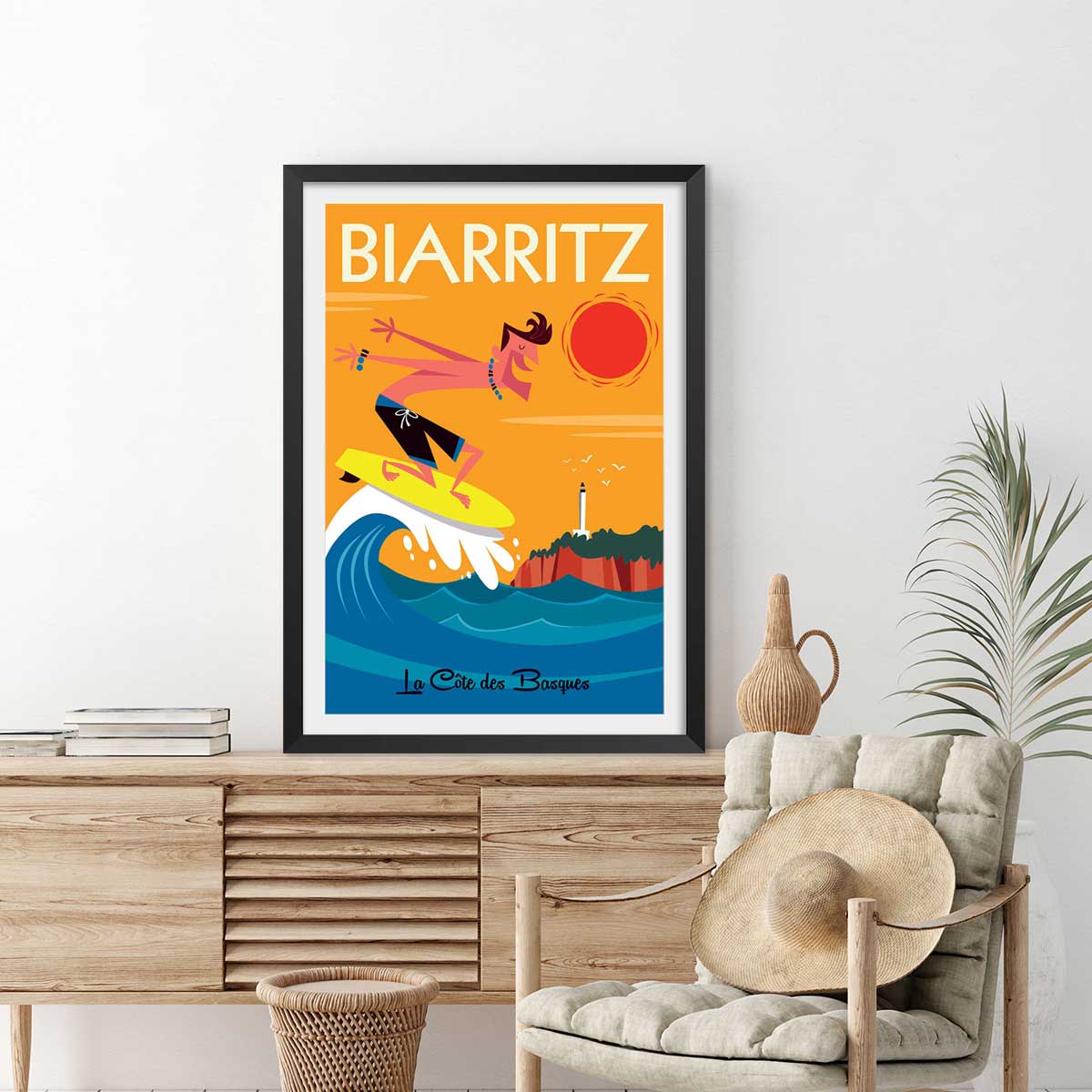 Affiche Surf à Biarritz affiche + cadre en bois - noir, HEXOA