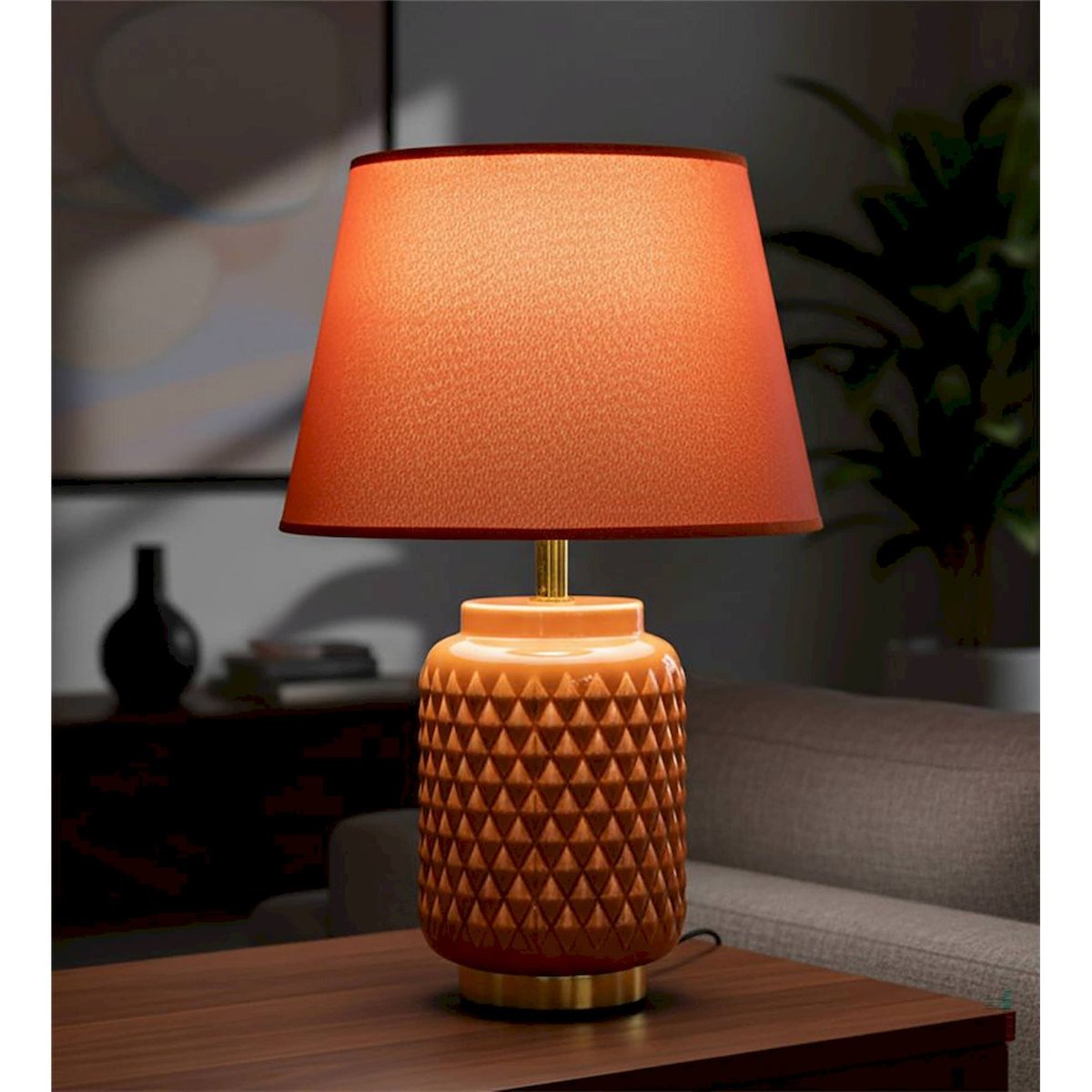 Lampe à poser céramique relief abat-jour lin orange, RECOLLECTION
