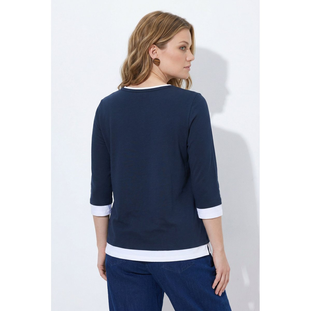 T-shirt en coton bio, bordures contrastantes marine, ULLA POPKEN