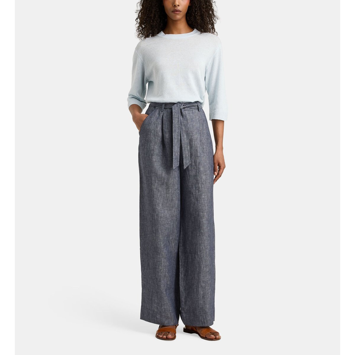 Pantalon large linen ceinture lin bleu marine, JODHPUR