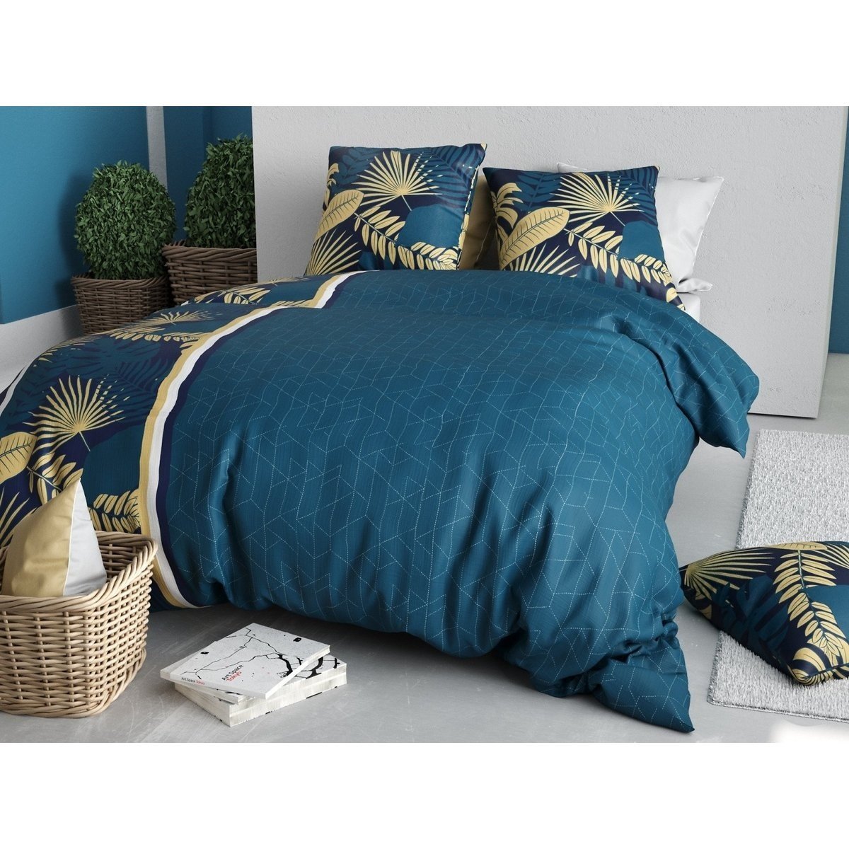 Housse couette + taie Feuillage tropea bleu, EDEN
