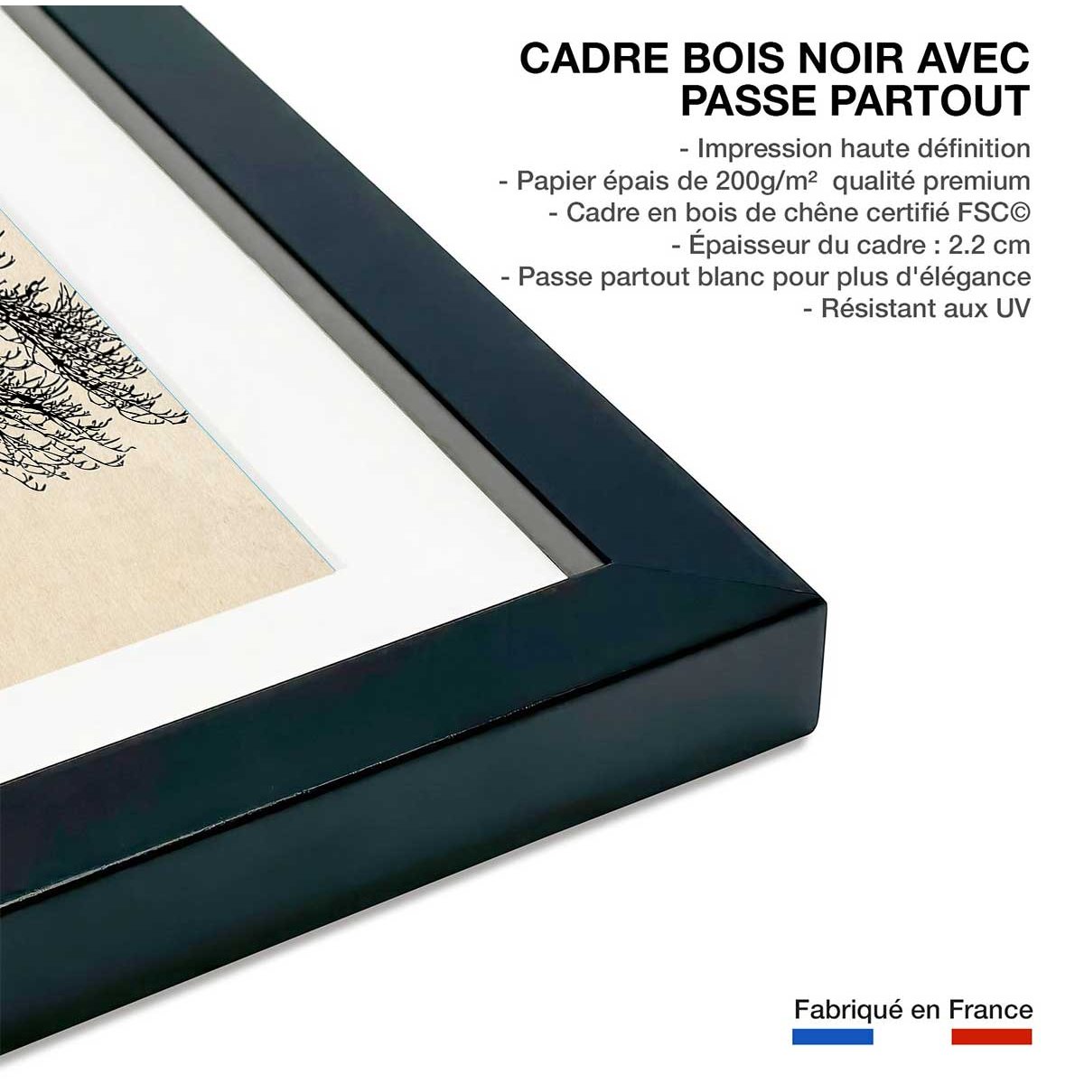 Affiche dessin arbre et sérénité affiche + cadre en bois - noir, HEXOA