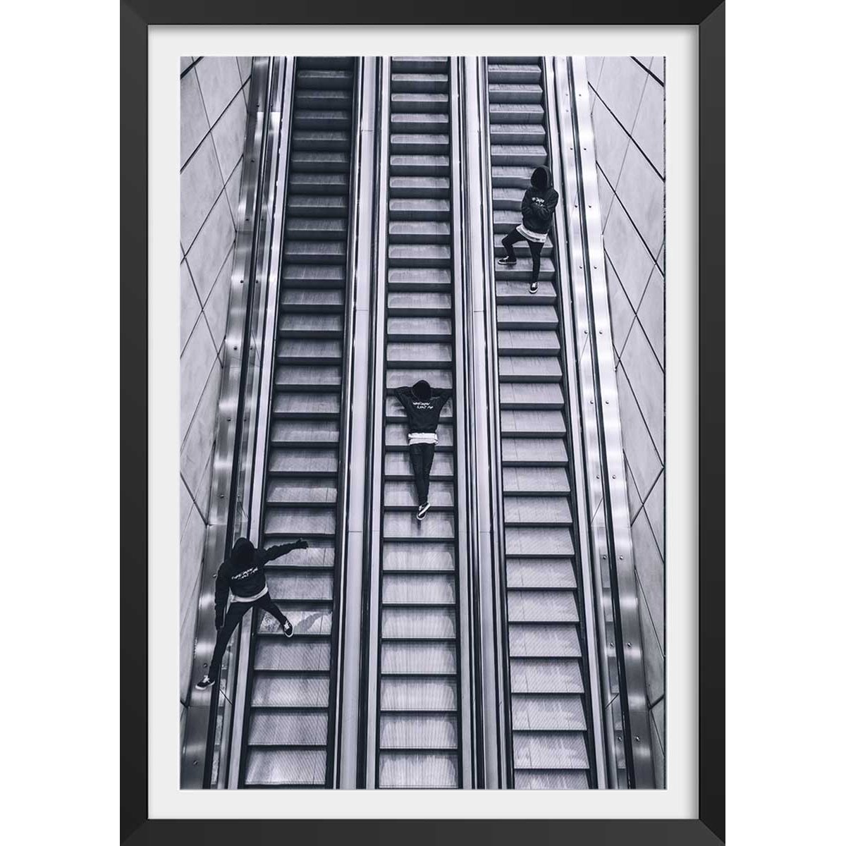 Affiche noir et blanc clic clac escalators affiche + cadre en bois - noir, HEXOA