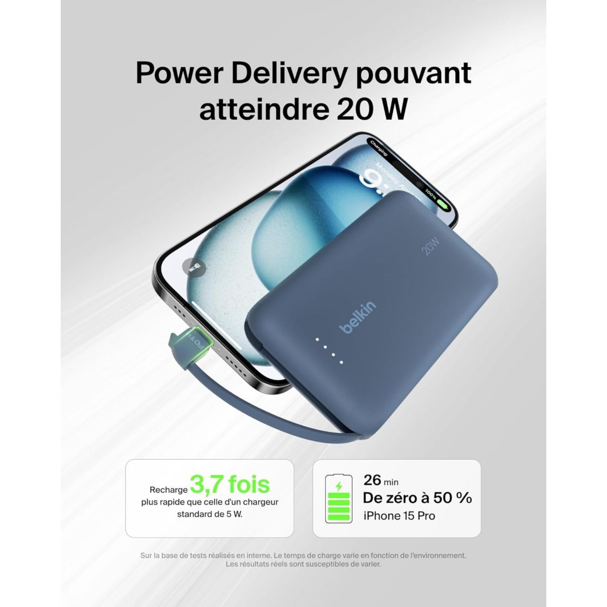 Batterie externe 10000 mAh avec cable USB-C intégre bleu couleur unique, BELKIN