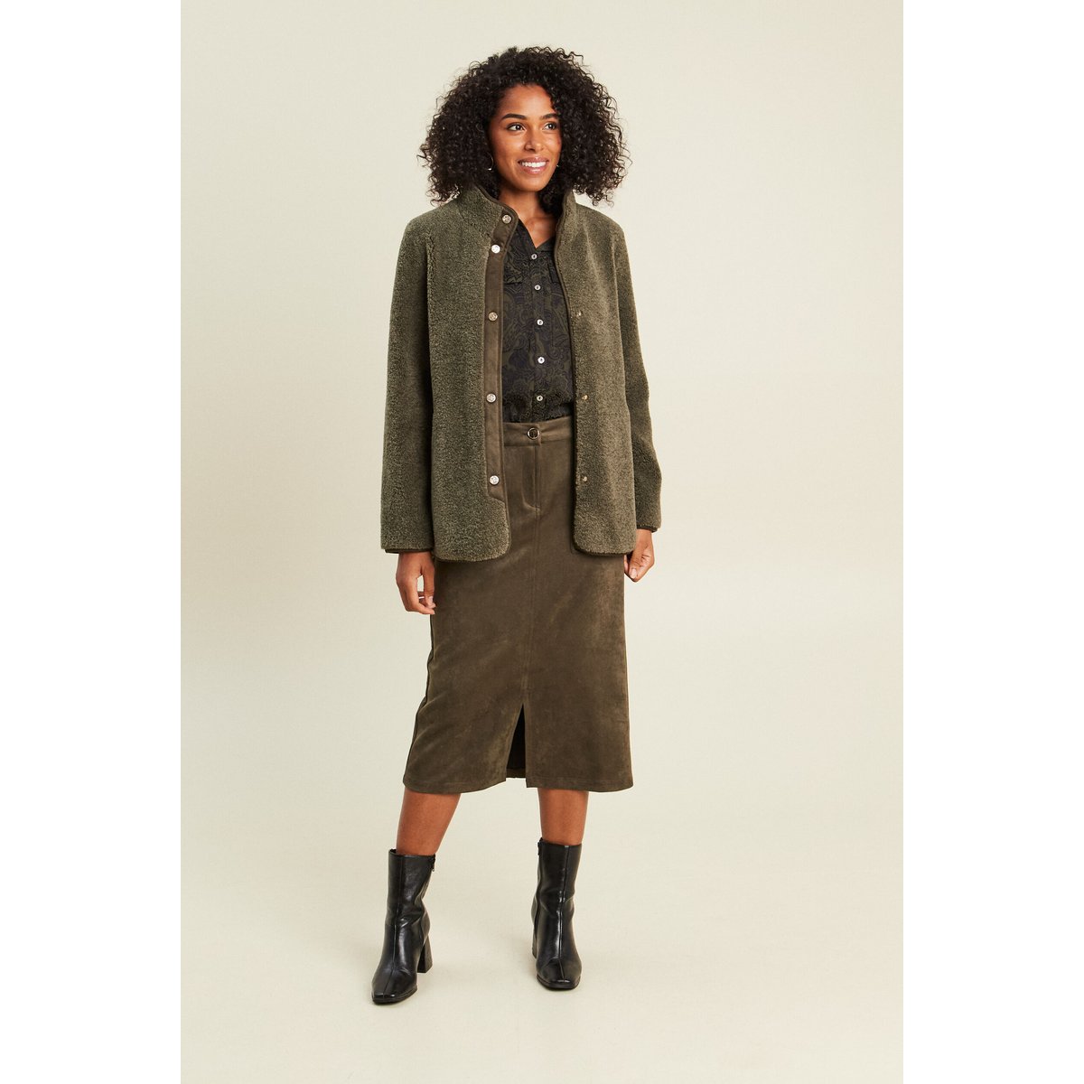 Manteau bouclette doublé manches longues vert kaki, BREAL