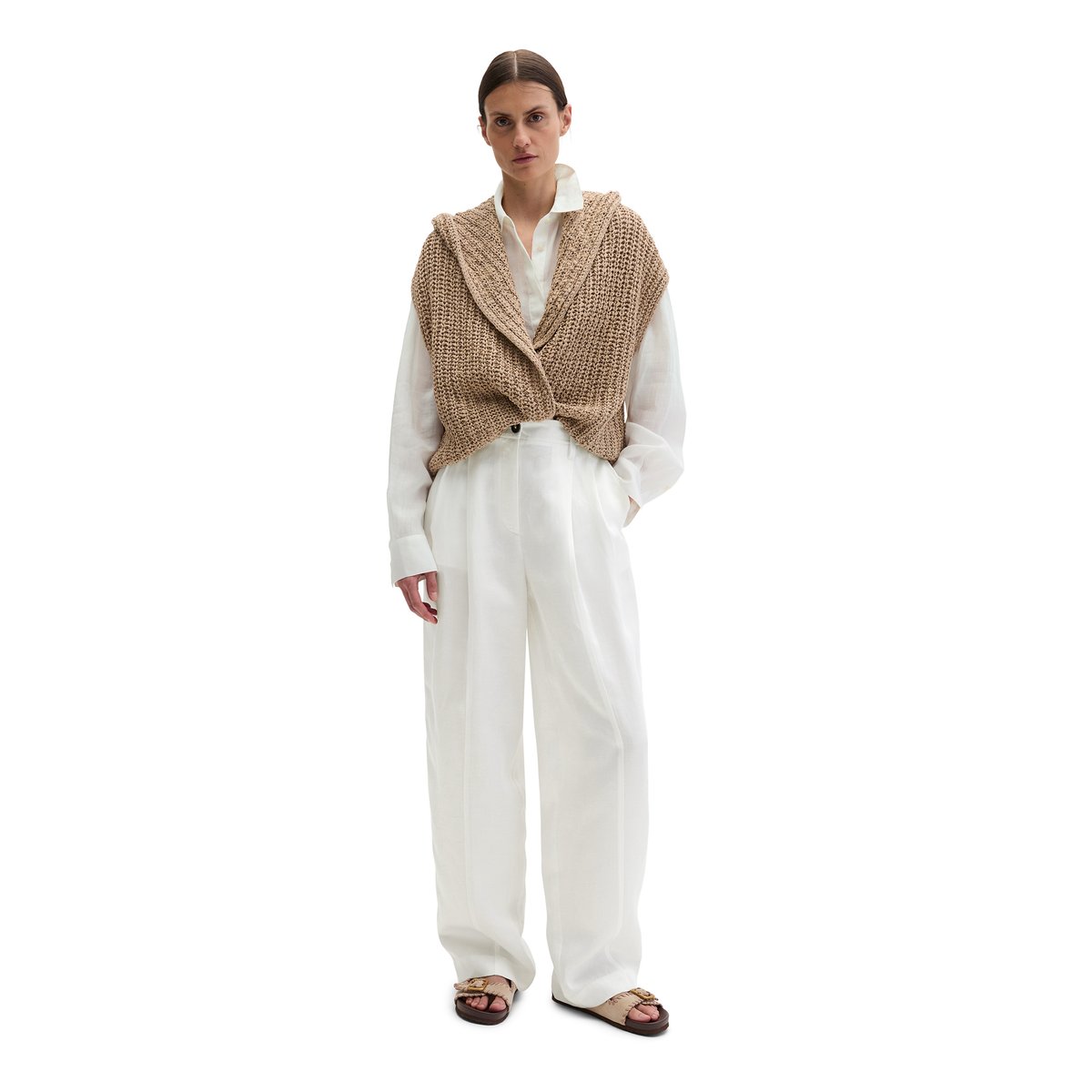 Cardigan sans manches loose en fil à bandelettes beige, MARC O'POLO