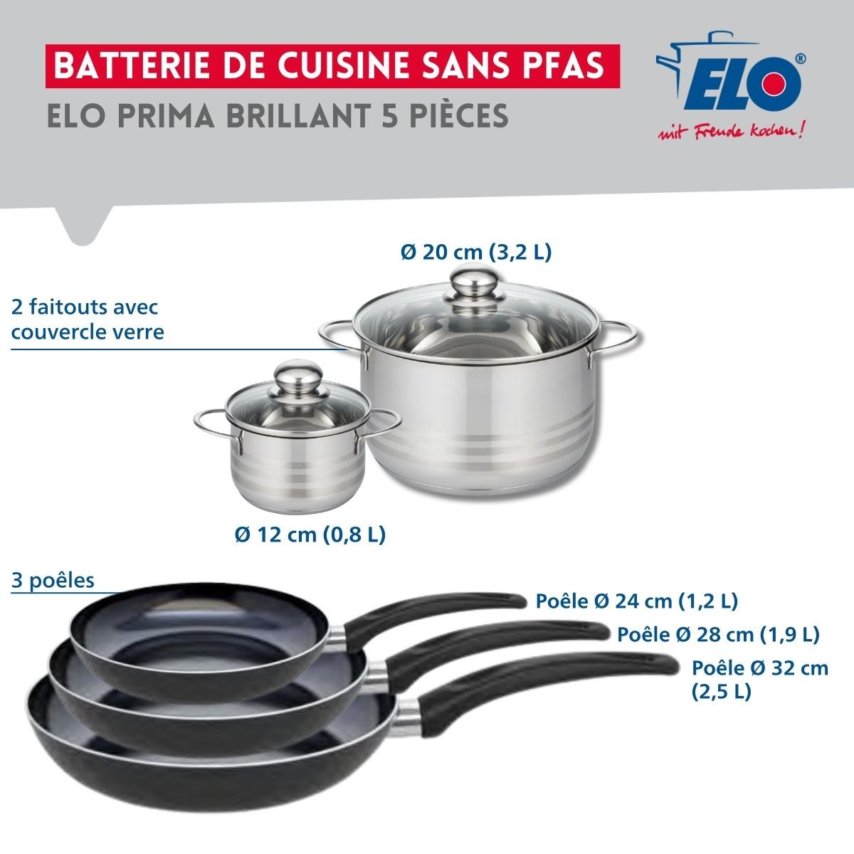 Batterie 3 poêles 24/28/32cm + 2 faitouts 12/20cm PRIMA BRILLANT noir, ELO