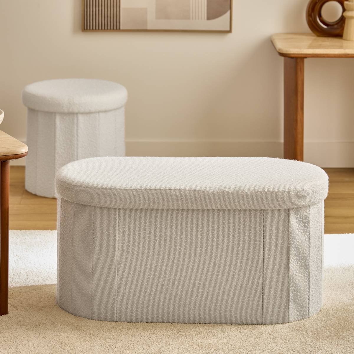 Pouf ovale pliable avec rangement FINK blanc, ATMOSPHERA